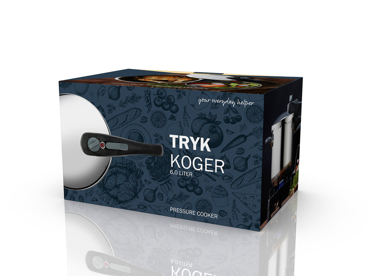 Trykkoger gryde, 6 liter, med kurv/rist, Mærket Funktion